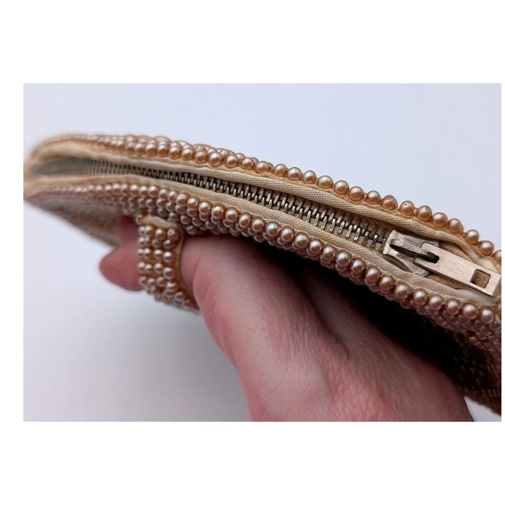Vintage Made in Japan Faux Pearl Beaded Clutch Champagne Evening Bag Hand Strap